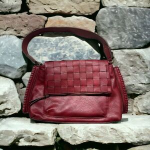 Woven Maroon Wine Burgundy Time Tru Heidi Flap Shoulder Hand Bag Leather Like